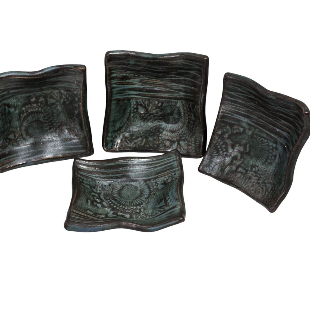 Art Pottery Sauce/ Ring/‎ Chopstick Holders x4 Art Pottery Abstract Green rustic